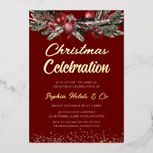 Goud & Rood Jaarlijks Kerstfeest Viering Goud Folie Uitnodiging (Voorkant)