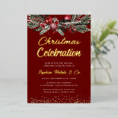 Goud & Rood Jaarlijks Kerstfeest Viering Goud Folie Uitnodiging (Staand Voorkant)