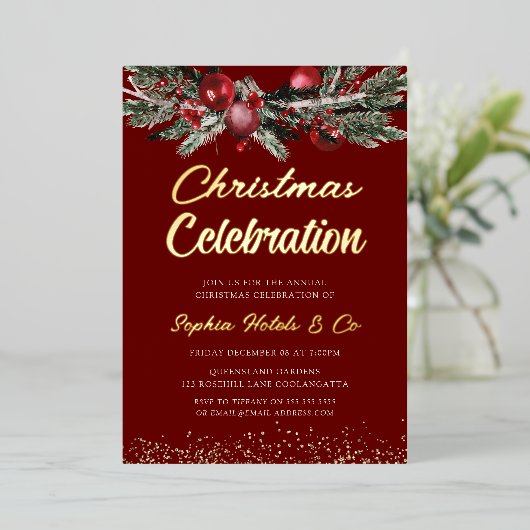 Goud & Rood Jaarlijks Kerstfeest Viering Goud Folie Uitnodiging (Staand Voorkant)
