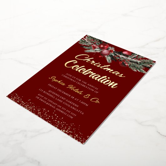 Goud & Rood Jaarlijks Kerstfeest Viering Goud Folie Uitnodiging (Gedraaid)
