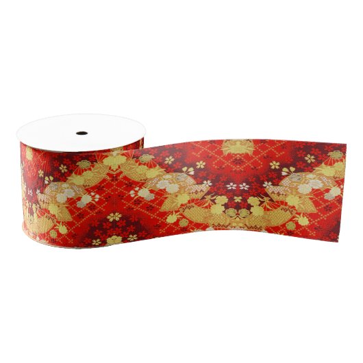  Goud Rood Japans Kimono Bloembloem Grosgrain Lint (Spoel)