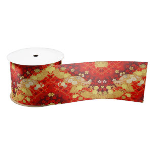  Goud Rood Japans Kimono Bloembloem Satijnen Lint