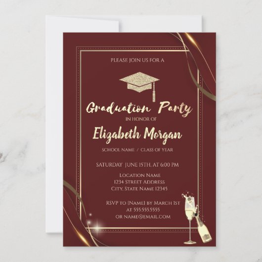 Goud Rood Lijst Wijn Glitter Afstudeerder Pet Rood Kaart (Voorkant)