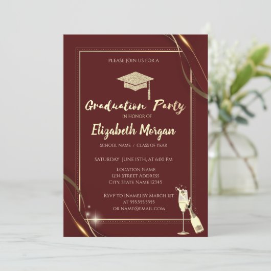 Goud Rood Lijst Wijn Glitter Afstudeerder Pet Rood Kaart (Staand voorkant)