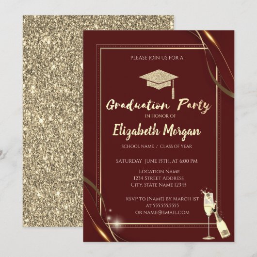 Goud Rood Lijst Wijn Glitter Afstudeerder Pet Rood Kaart (Voorkant / Achterkant)