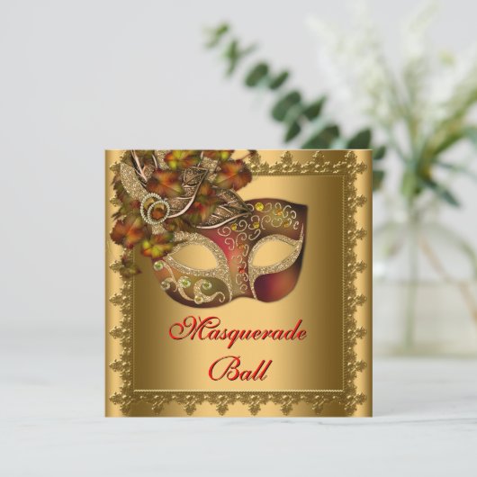 Goud Rood Masker Goud Rood Masquerade Party Kaart (Staand voorkant)