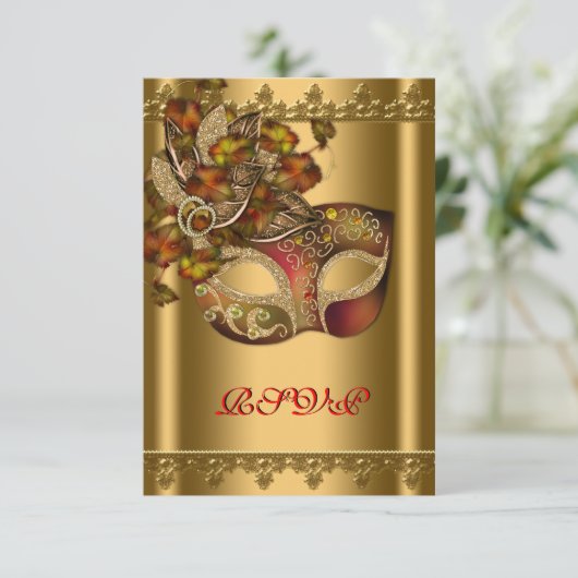 Goud Rood Masker Goud Rood Masquerade Party RSVP (Staand voorkant)