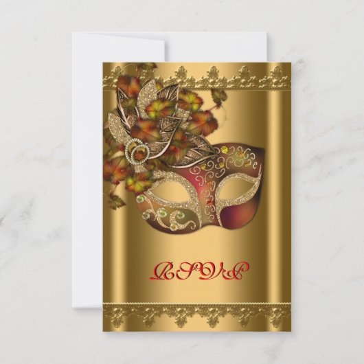 Goud Rood Masker Goud Rood Masquerade Party RSVP Kaartje (Voorkant)