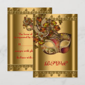 Goud Rood Masker Goud Rood Masquerade Party RSVP Kaartje (Voorkant / Achterkant)