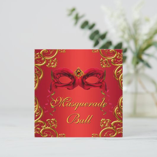 Goud Rood Masker Rood Maskerade Party Kaart (Staand voorkant)