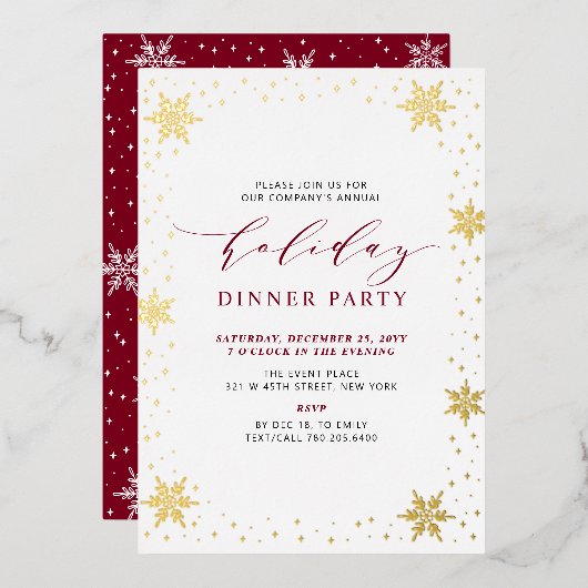 Goud & Rood Modern Kerstmis Vakantie Diner Party Folie Uitnodiging (Voorkant / Achterkant)