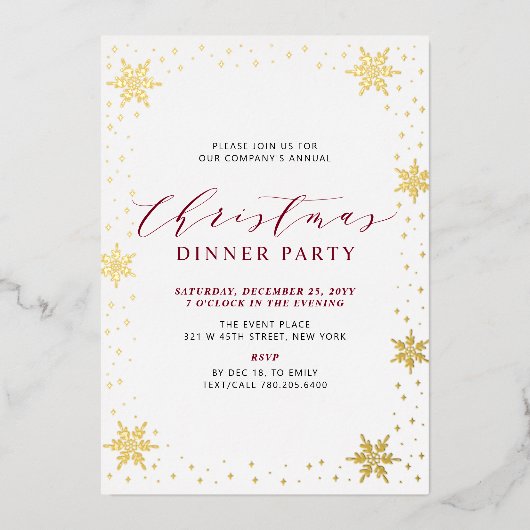 Goud & Rood Modern Kerstmis Vakantie Diner Party Folie Uitnodiging (Voorkant)