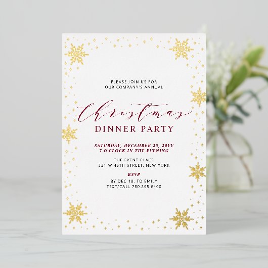 Goud & Rood Modern Kerstmis Vakantie Diner Party Folie Uitnodiging (Staand Voorkant)