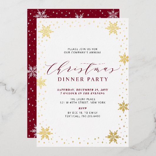 Goud & Rood Modern Kerstmis Vakantie Diner Party Folie Uitnodiging (Voorkant / Achterkant)