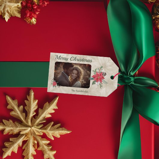 Goud, rood Poinsettia Fotovakantie Cadeaulabel