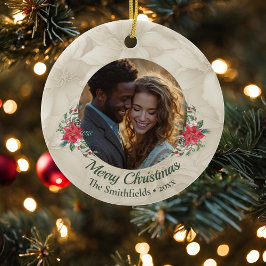 Goud, rood Poinsettia Fotovakantie Keramisch Ornament