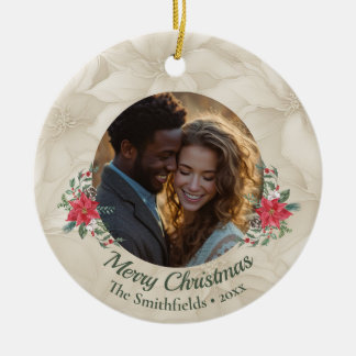 Goud, rood Poinsettia Twee foto's Vakantie Keramisch Ornament