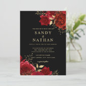Goud Rood Romantisch Roos Huwelijksuitnodiging Kaart (Staand voorkant)
