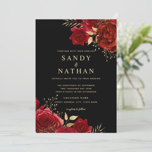 Goud Rood Romantisch Roos Huwelijksuitnodiging Kaart (Staand voorkant)