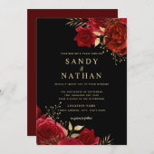 Goud Rood Romantisch Roos Huwelijksuitnodiging Kaart (Voorkant / Achterkant)