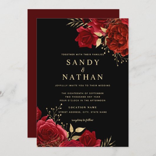 Goud Rood Romantisch Roos Huwelijksuitnodiging Kaart (Voorkant / Achterkant)