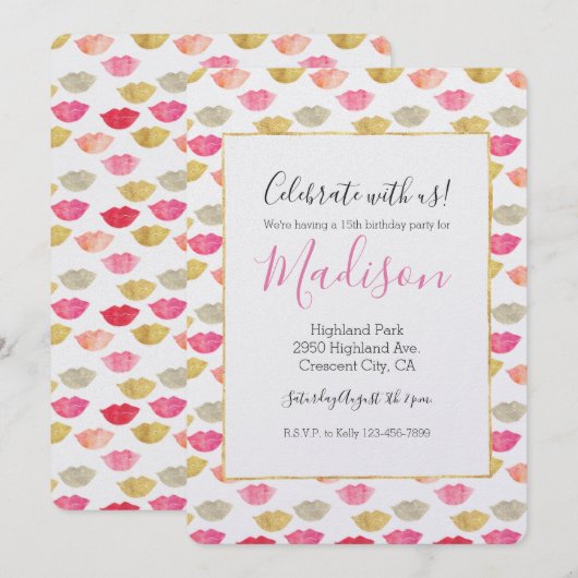 Goud Rood Roze Waterverf Lippen Kaart (Voorkant / Achterkant)