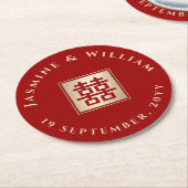 Goud/Rood Vierkant Dubbel Geluk Chinees Huwelijk Ronde Kartonnen Onderzetter (Gebogen)