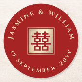 Goud/Rood Vierkant Dubbel Geluk Chinees Huwelijk Ronde Kartonnen Onderzetter (Voorkant)