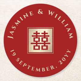 Goud/Rood Vierkant Dubbel Geluk Chinees Huwelijk Ronde Kartonnen Onderzetter