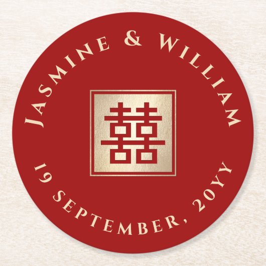 Goud/Rood Vierkant Dubbel Geluk Chinees Huwelijk Ronde Kartonnen Onderzetter (Voorkant)