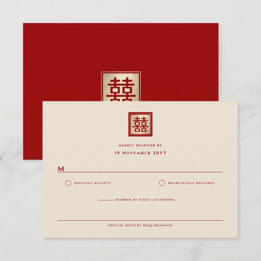 Goud/Rood Vierkant Dubbel Geluk Chinees Huwelijk RSVP Kaartje (Voorkant / Achterkant)