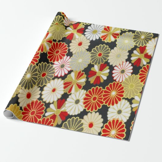 Goud Rood Wit Japans Kimono Bloemen Decoupage Cadeaupapier (Uitgerold)