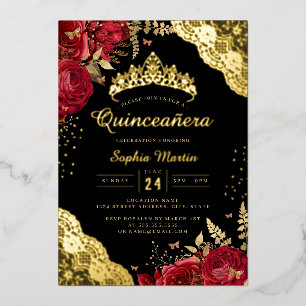 Goud Rood Zwart Bloem Bloemrijke Quinceanera Folie Uitnodiging