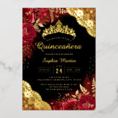 Goud Rood Zwart Bloemen Kant Quinceanera Folie Uitnodiging (Voorkant)