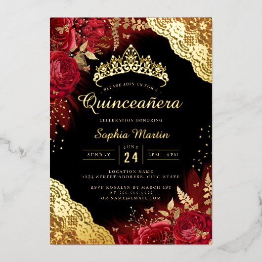 Goud Rood Zwart Bloemen Kant Quinceanera Folie Uitnodiging (Voorkant)