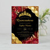 Goud Rood Zwart Bloemen Kant Quinceanera Folie Uitnodiging (Staand Voorkant)