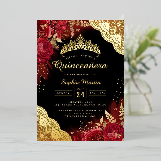 Goud Rood Zwart Bloemen Kant Quinceanera Folie Uitnodiging (Staand Voorkant)