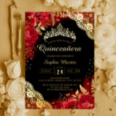 Goud Rood Zwart Bloemen Kant Quinceanera Folie Uitnodiging