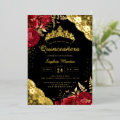 Goud Rood Zwart Bloemen Kant Quinceanera Folie Uitnodiging (Staand Voorkant)