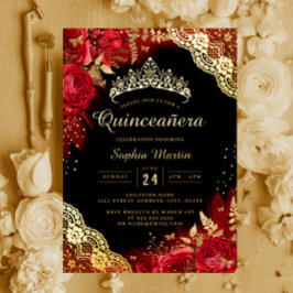 Goud Rood Zwart Bloemendessin Quinceanera  Folie Uitnodiging
