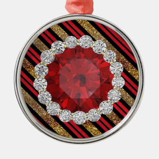 Goud Rood & Zwart Faux Glitter Ruby & Diamanten Metalen Ornament (Voorkant)