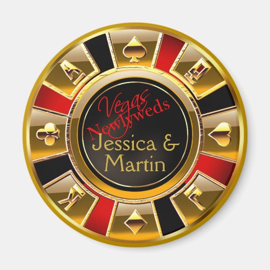 Goud, Rood & Zwart Vegas Casino Chip Favor Magneet (Voorkant)