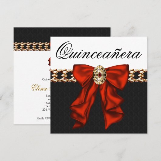 Goud Rood Zwart Wit Quinceanera Kaart (Voorkant / Achterkant)