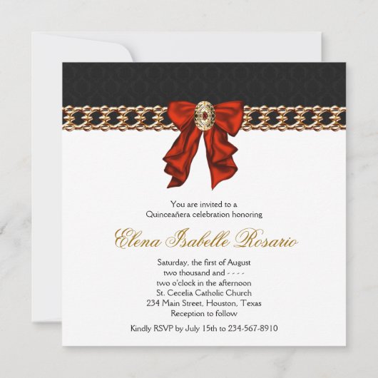 Goud Rood Zwart Wit Quinceanera Kaart (Achterkant)