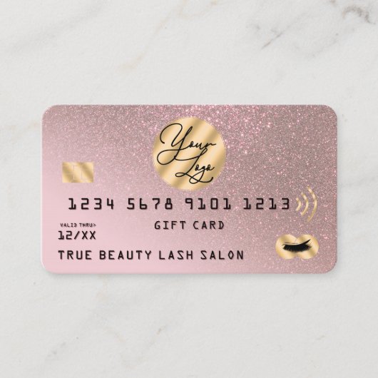 Goud Roos Glitter Credit Lashes Cadeaubon Visitekaartje (Voorkant)