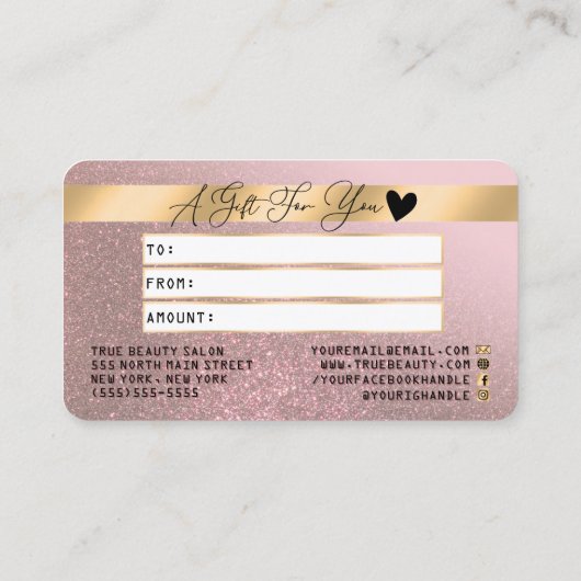 Goud Roos Glitter Credit Lashes Cadeaubon Visitekaartje (Achterkant)