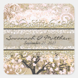 Goud Roos Heart Leaf Tree Square Weddenschap Seal Vierkante Sticker