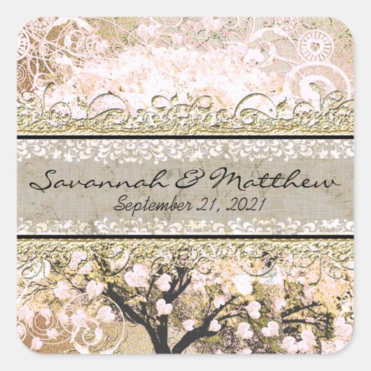Goud Roos Heart Leaf Tree Square Weddenschap Seal Vierkante Sticker (Voorkant)