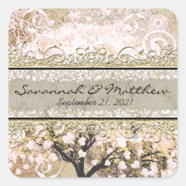 Goud Roos Heart Leaf Tree Square Weddenschap Seal Vierkante Sticker