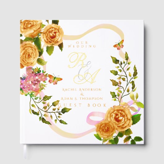 Goud Roos lint Monogram bruiloft Gastenboek (Voorkant)